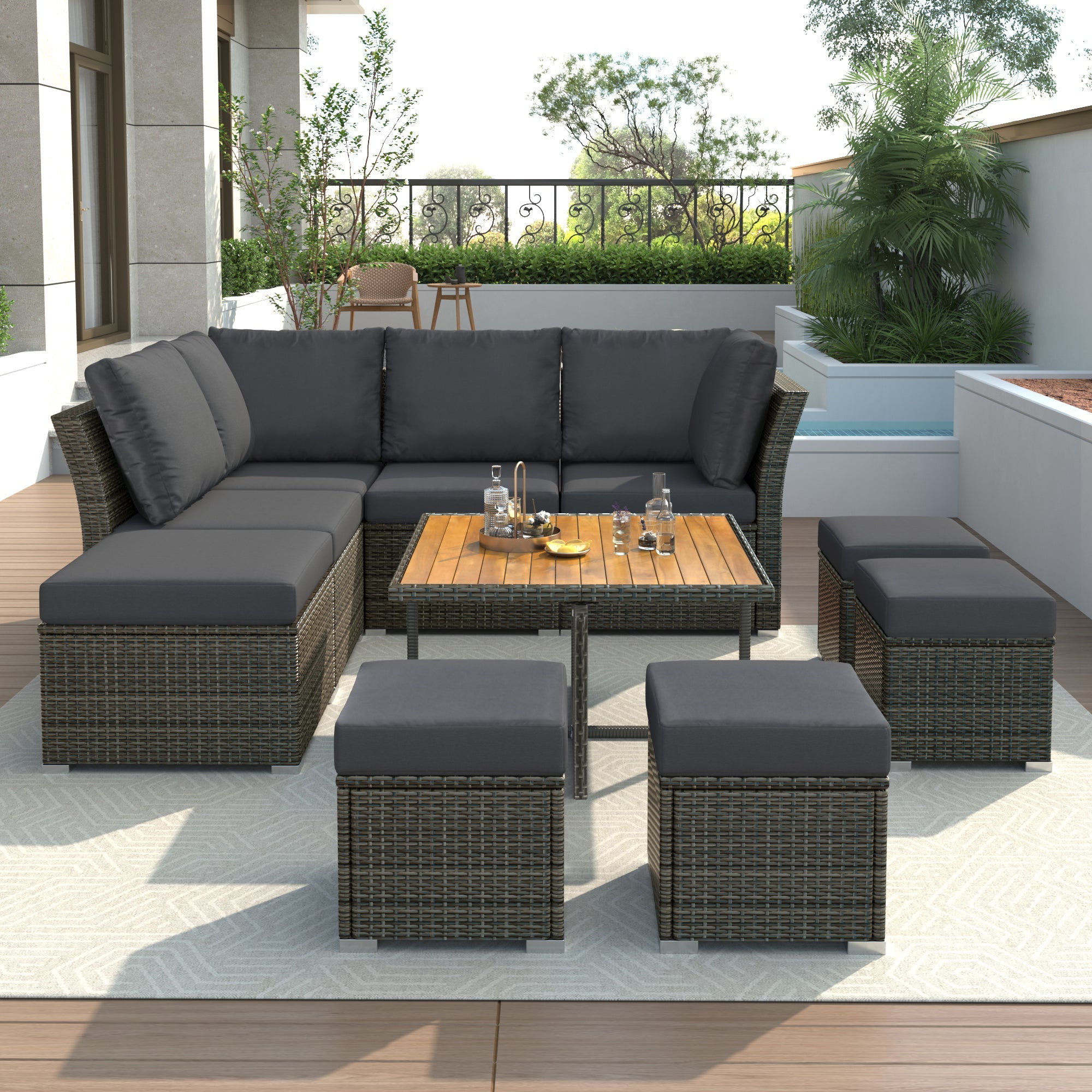 10-Piece Grey Rattan Patio Conversation Set with Coffee Table | Modern Outdoor Furniture