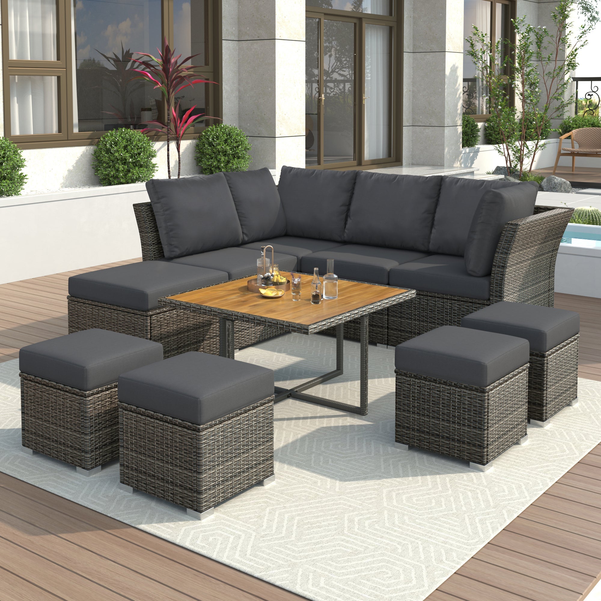 10-Piece Grey Rattan Patio Conversation Set with Coffee Table | Modern Outdoor Furniture